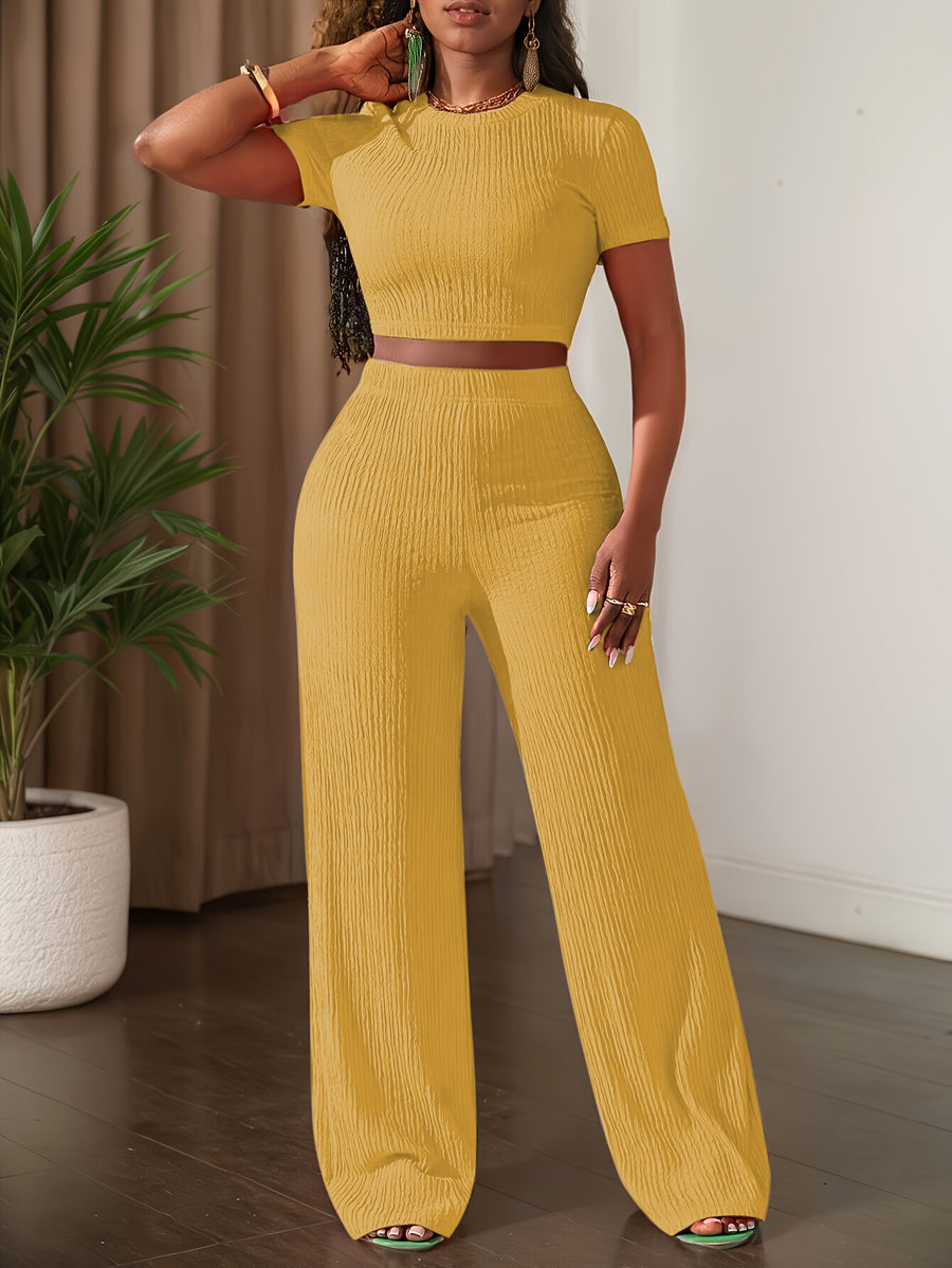 2025 New Solid Color Short Sleeve Top And Wide Leg Pants Casual Set - Golden