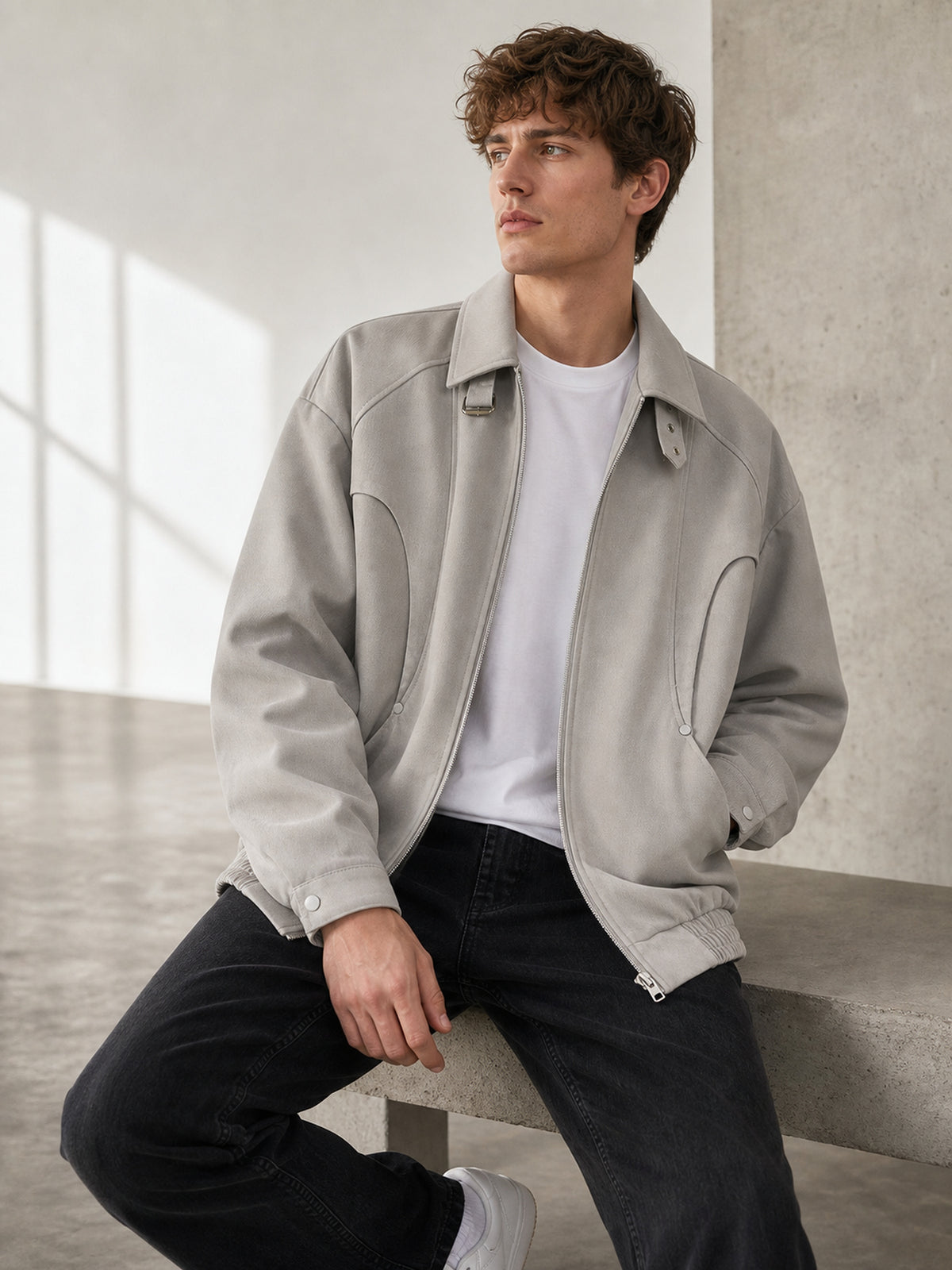 1pc Men's Collar Jacket - Loose and Casual American Style Men's Jacket - Pure Color Men's Genderless Style Jacket - Popular Design with Zipper - Spring and Autumn Season. Comfortable, Breathable and Soft. Suitable for Daily Wear and Parties. - Grey