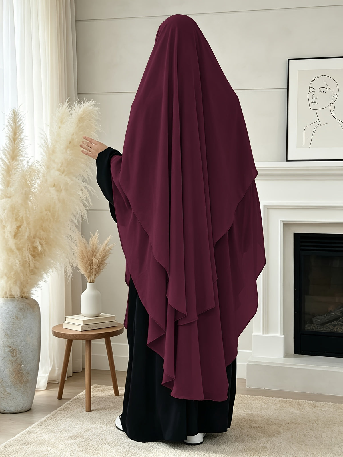 1pc High-Quality Pearl Chiffon Double-Layer Design Breathable And Private Kimmar Scarf Matching Any Abaya Women'S Daily Wear Prayer Use All Seasons - Deep Red