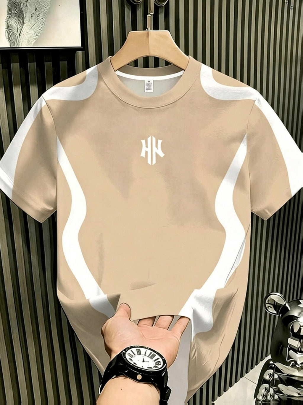 Ins-style Simple and Versatile Round-neck Short-sleeve Top, Featuring a Navy-blue and White Color-block Contrast with a Minimalist Letter Print Design. This Fashionable, Lightweight, and Breathable T-shirt Is Machine Washable, Making It Suitable - Khaki