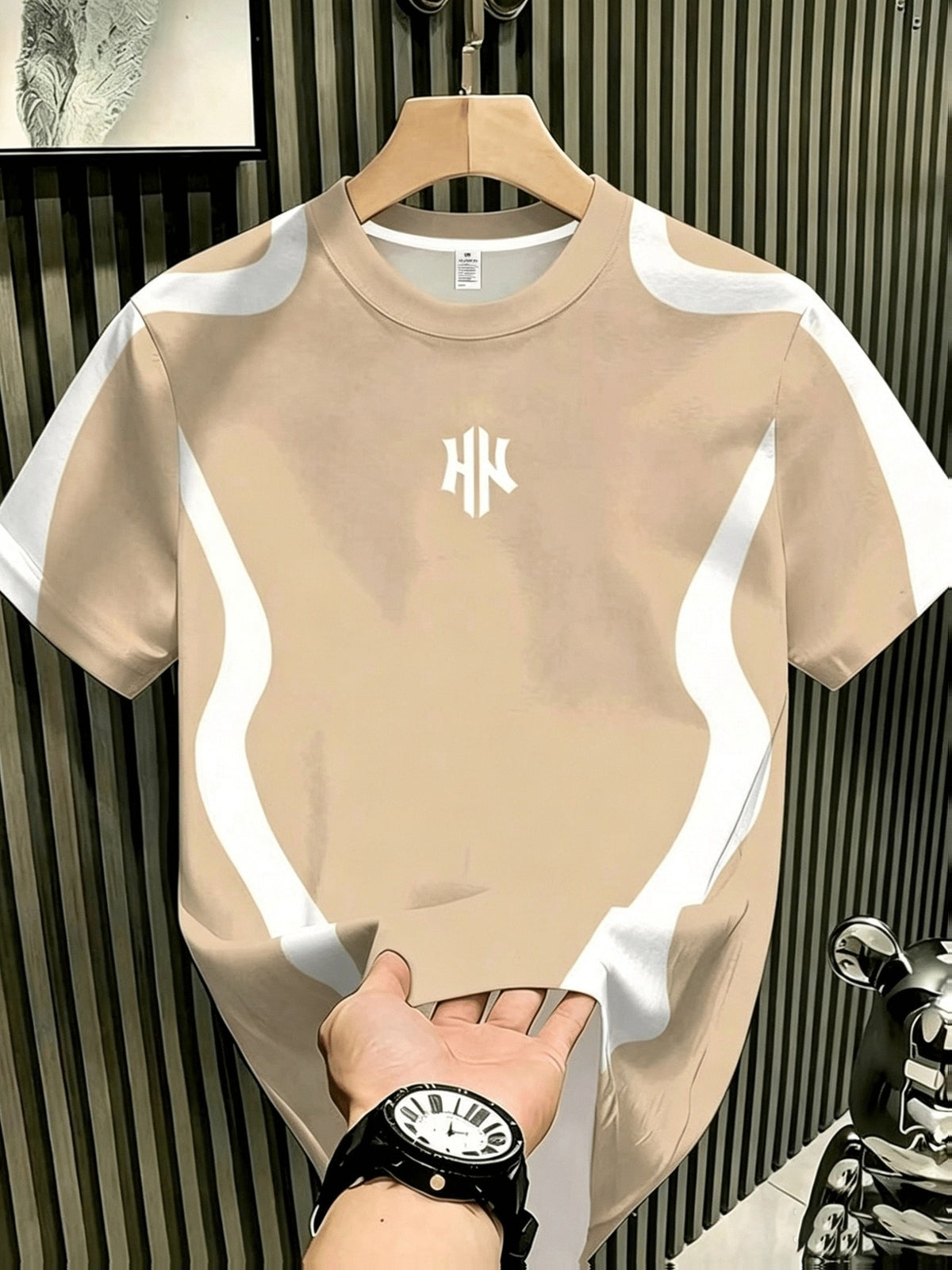 Ins-style Simple and Versatile Round-neck Short-sleeve Top, Featuring a Navy-blue and White Color-block Contrast with a Minimalist Letter Print Design. This Fashionable, Lightweight, and Breathable T-shirt Is Machine Washable, Making It Suitable - Khaki