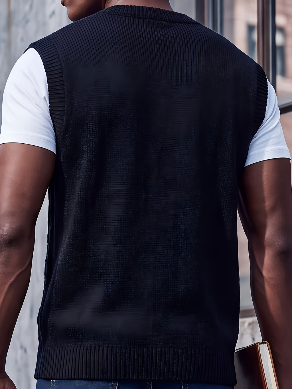 Western Men'S Back-To-School American Preppy Style Jacquard Embroidered V-Neck Knit Vest, Campus Commute Layering for Spring/Autumn - Black