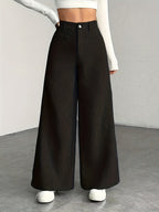 Women's High-Waisted Wide-Leg Corduroy Pants - Straight Leg Trousers with Corduroy Texture & Striped Suitable for All-Season Wear, Machine Washable Non-Stretch Corduroy Pants for Office, Casual, Everyday Outfits (No Transparency) - Black