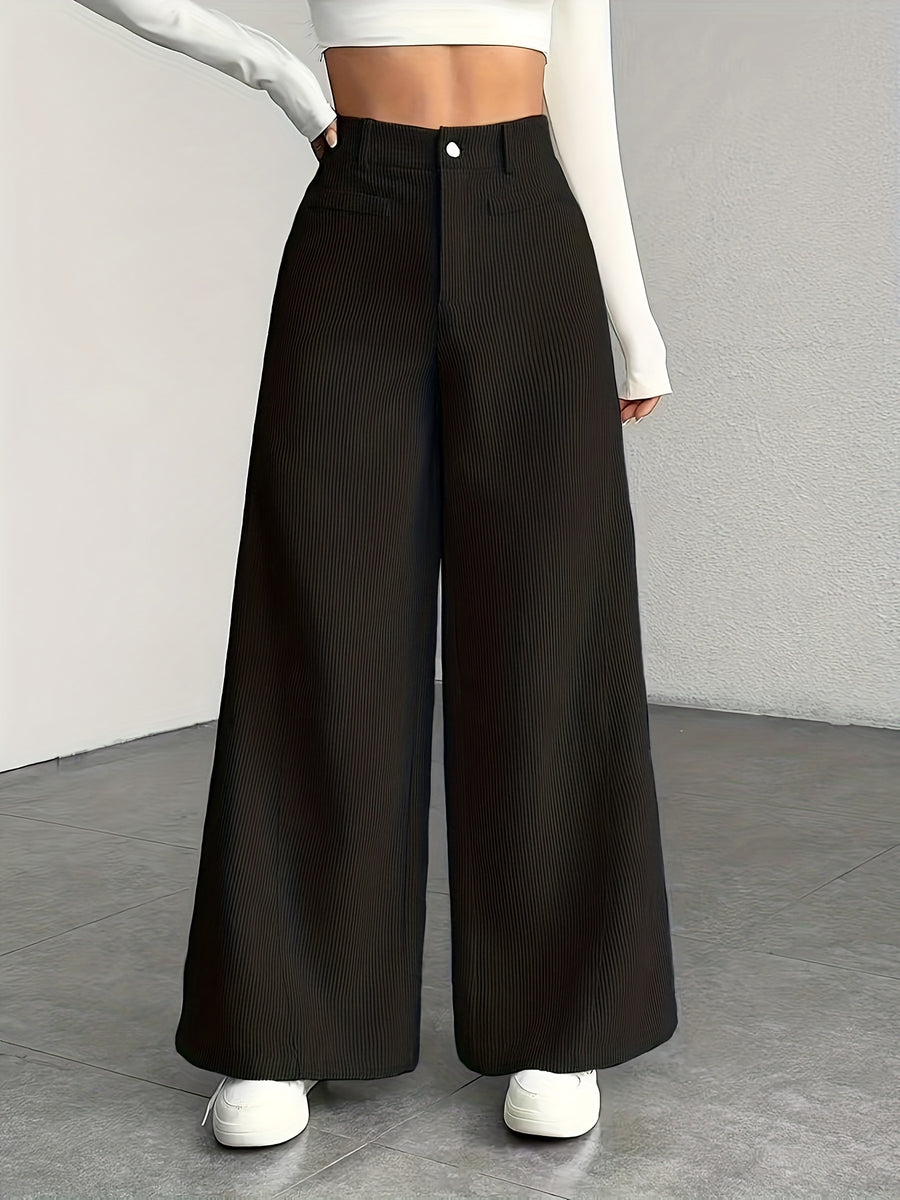 Women's High-Waisted Wide-Leg Corduroy Pants - Straight Leg Trousers with Corduroy Texture & Striped Suitable for All-Season Wear, Machine Washable Non-Stretch Corduroy Pants for Office, Casual, Everyday Outfits (No Transparency) - Black