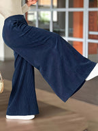 Plus Size, Women's Plus Size Corduroy Fashion Casual Wide-Leg Pants with Pocket Design, Elegant Loose Straight-Leg Trousers, High-Waist Flowy Wide-Leg Pants, Loose Fit Long Pants - Navy Color
