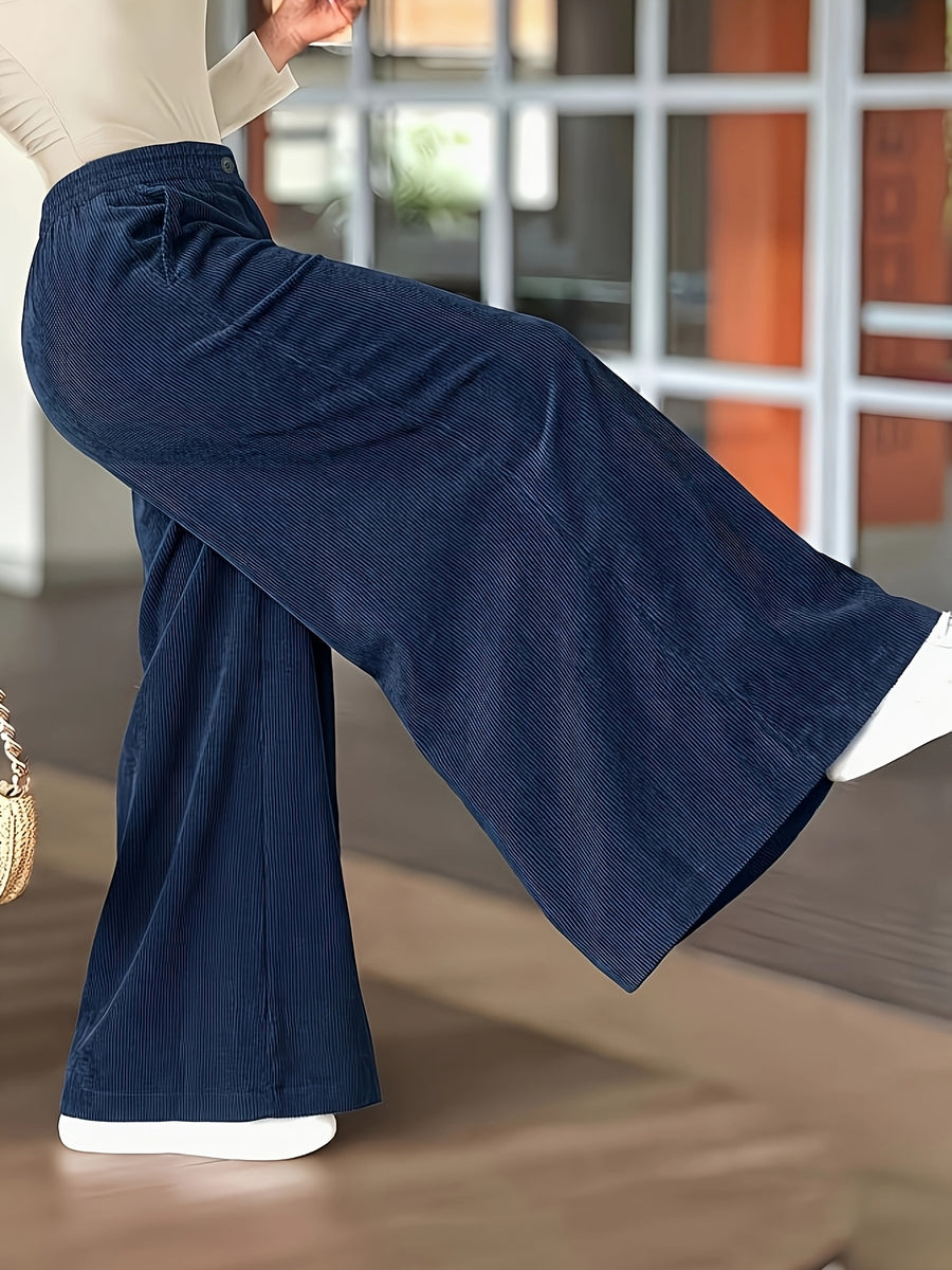 Plus Size, Women's Plus Size Corduroy Fashion Casual Wide-Leg Pants with Pocket Design, Elegant Loose Straight-Leg Trousers, High-Waist Flowy Wide-Leg Pants, Loose Fit Long Pants - Navy Color