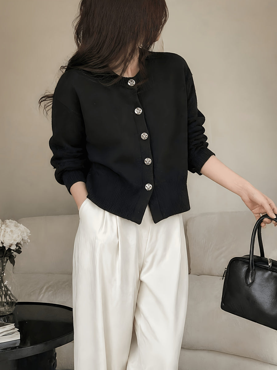 Cozy Women's Cardigan with Floral Button Accents, Soft Stylish Cardigan for Casual Daily Wear - Black