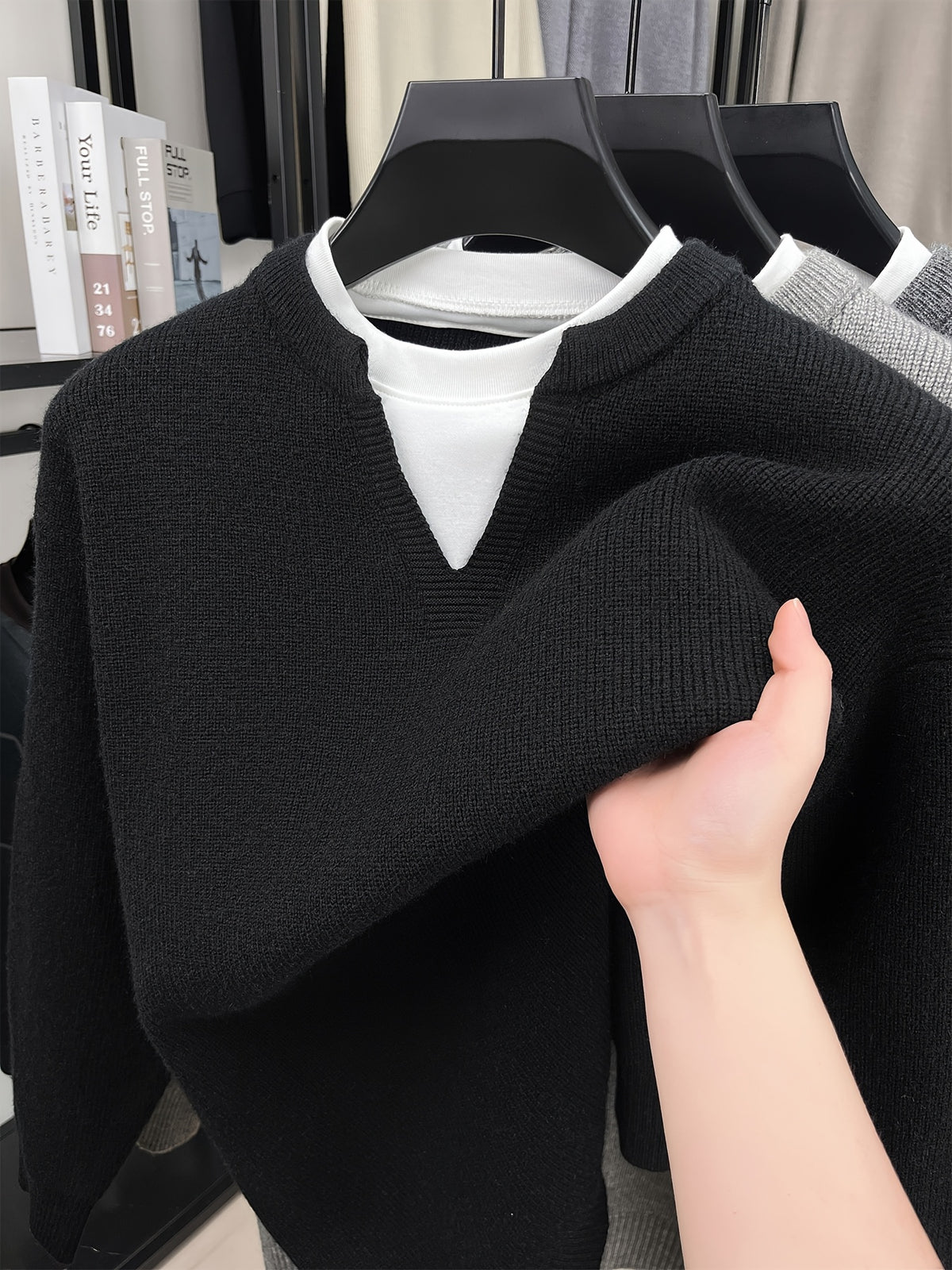 Men'S Loose-Fitting, Half-High Collar, Faux Two-Piece Sweater, Korean Style, Pullover Knitwear for Autumn And Winter, Thickened Trendy Inner Layer - Black