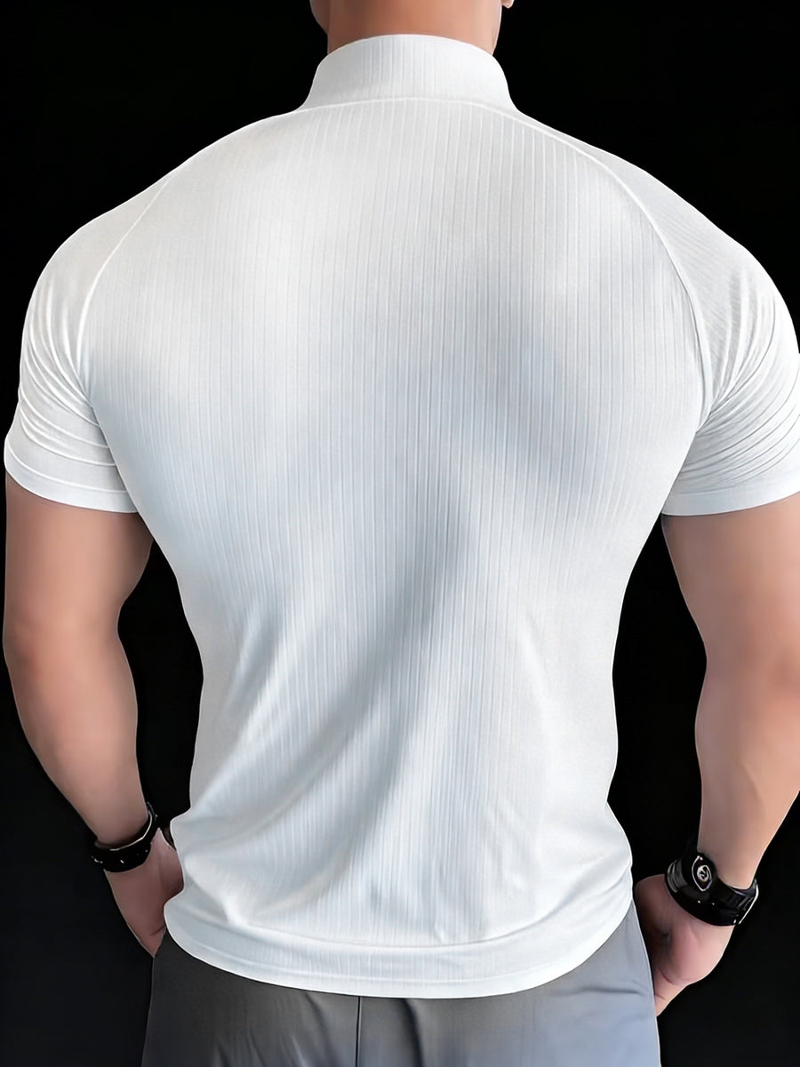 Six-color Men's Summer Casual Half-zip Short-sleeve Shirt - Made of 240g Ribbed Piqué Breathable Stretch Fabric, Featuring a Half-zip Stand-up Collar Design, Lightweight and Comfortable, Suitable for Casual Wear, Gym or Outdoor Activities, Sportswear - White