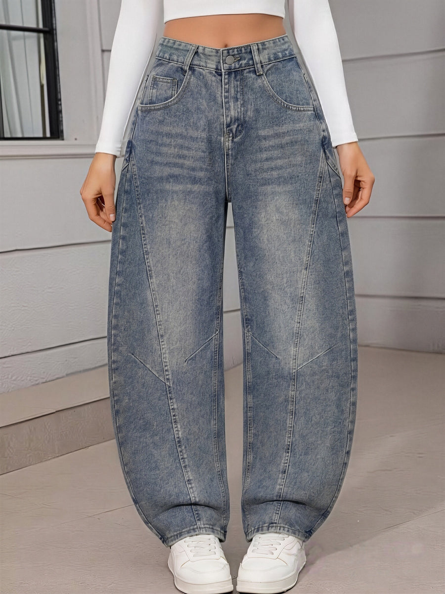 Women'S Vintage Blue Loose Jeans, High-Waist Curved Seam Wide-Leg Bootcut Pants, Casual Street Daily Trousers - 6622 Vintage Blue - Dark Cyan