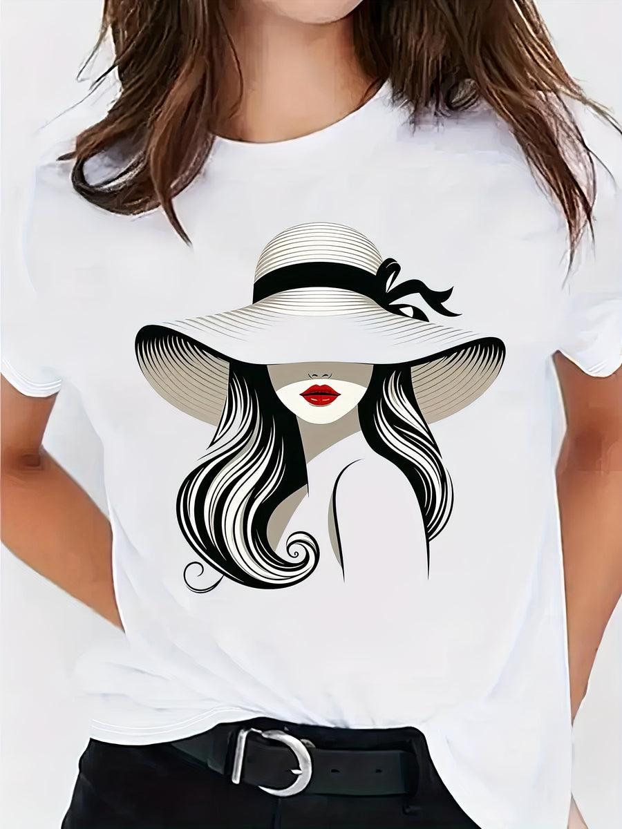 Women'S Fashionable White T-Shirt with Artistic Geometric Face & Wide Brim Hat Print - Soft, Breathable, Short Sleeve Round Neck Casual Top for Spring & Summer, Machine Washable, Comfort Fit, Ladies T Shirts - White