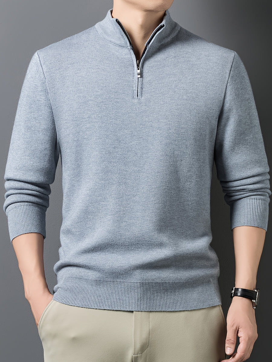 1pc Men'S Solid Color Small Stand Collar Knit Pullover Autumn Winter Zipper Casual Fleece Warm Top - Medium Gray