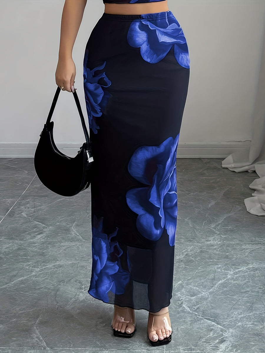 Women'S Casual Floral Print Fitted Midi Skirt - Multicolor