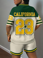 2pcs Women's Vintage Varsity 2pcs Matching Outfit - Breathable Mesh -Neck Short Sleeve Top & Shorts with Number 23 Print, Loose Fit Athletic Wear Suitable for Commuting, Travel, Sister Outfits, Gym, Uniforms - Spring/Summer - Apricot and green