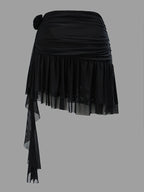 Attractive Black Floral Mesh Skirt with a Peplum Design - Black