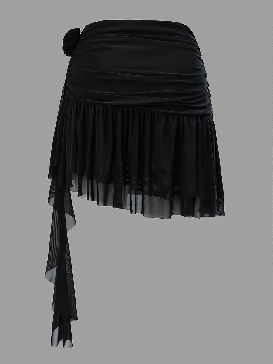 Attractive Black Floral Mesh Skirt with a Peplum Design - Black