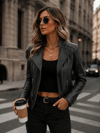 In-Stock/Women'S Casual PU Jacket, Women'S Biker Coat, Spring Autumn Motorcycle Jacket, Vacation Travel Outerwear, Retro Fashion Design - Black