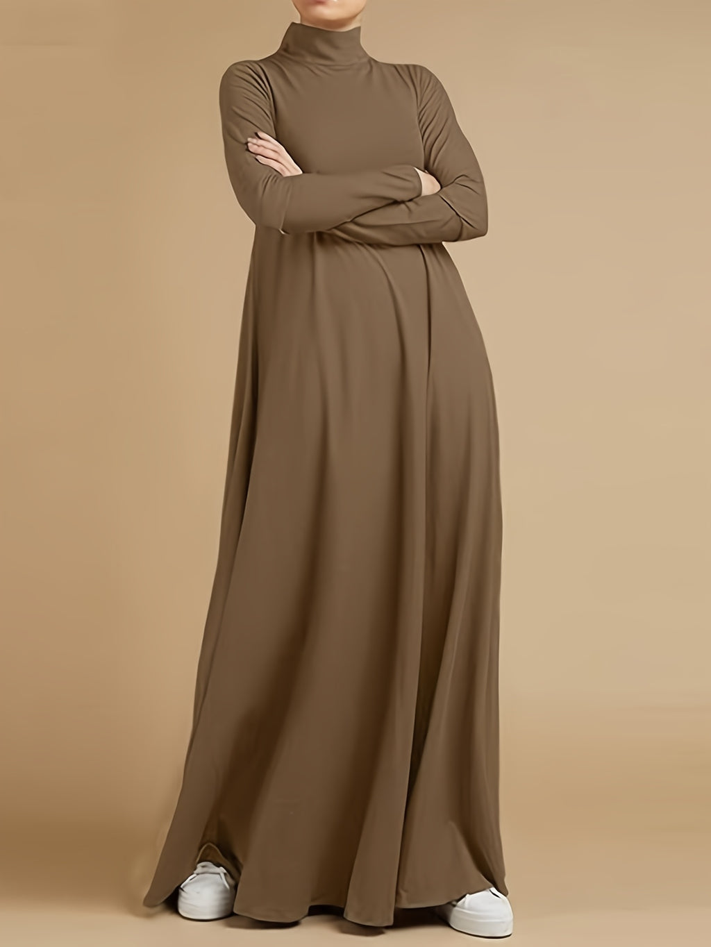 Women'S High Neck Long Sleeve Casual Loose Solid Color Long Dress - Khaki