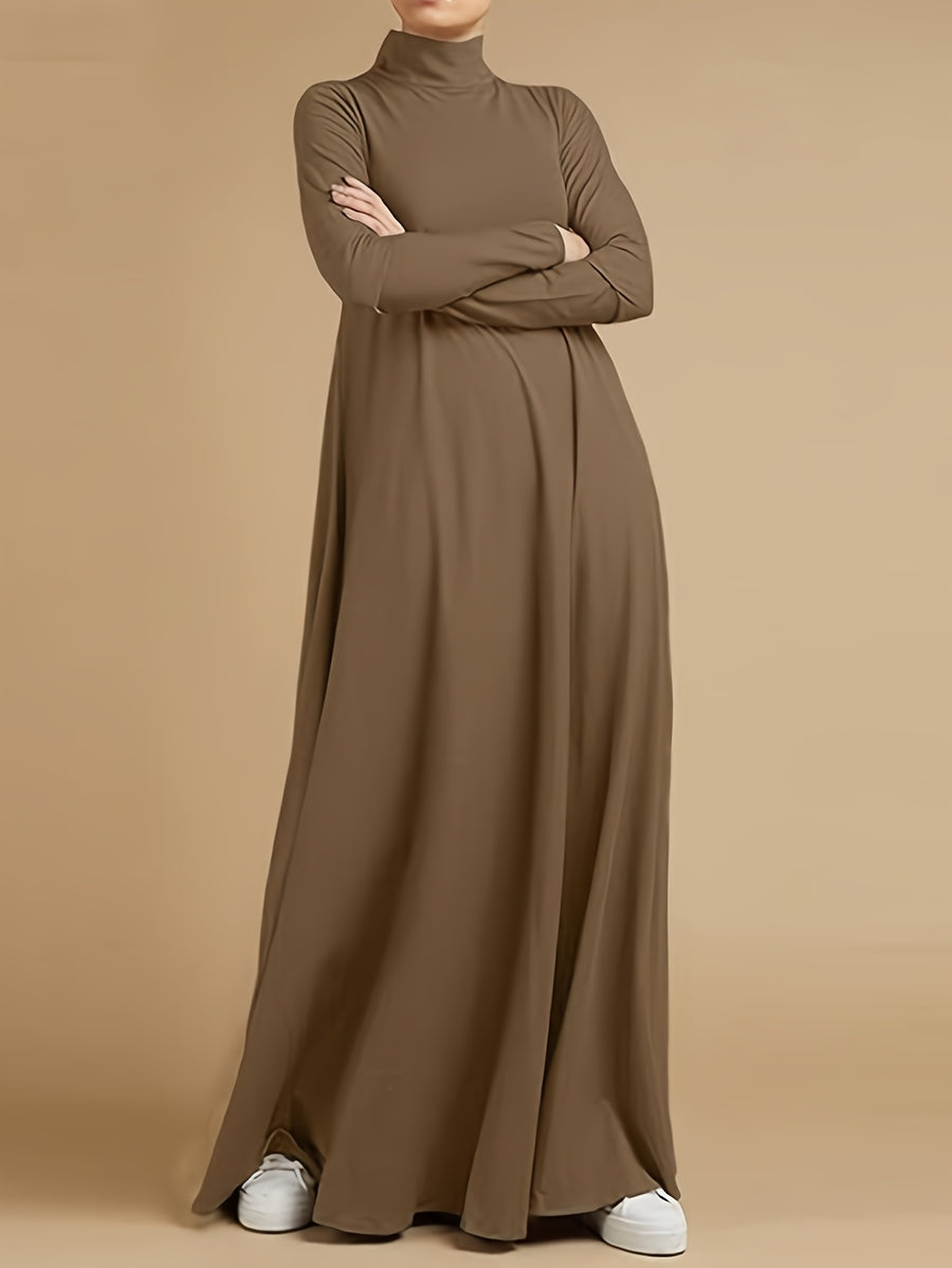 Women'S High Neck Long Sleeve Casual Loose Solid Color Long Dress - Khaki