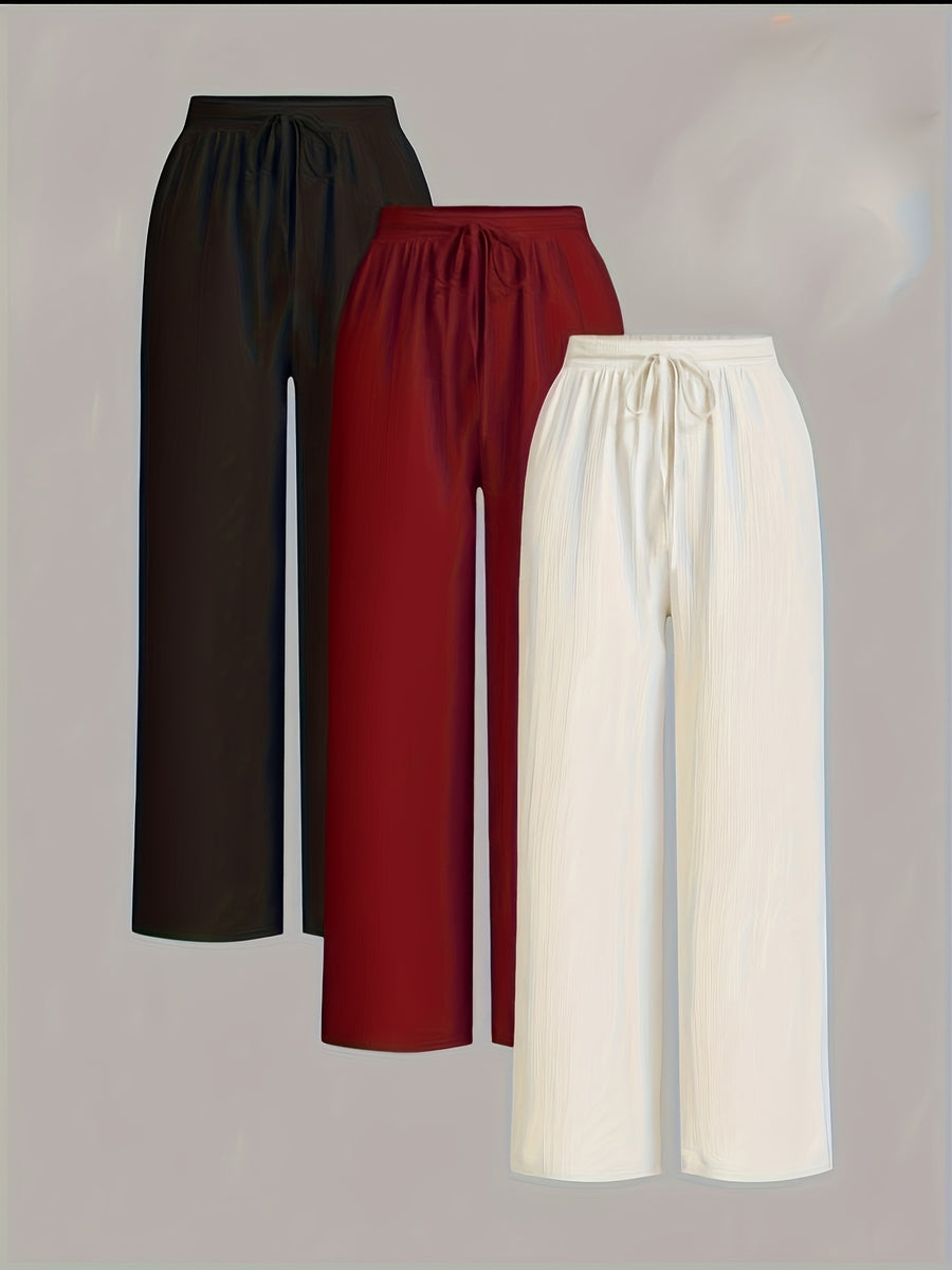 3pcs Elegant Wide-Leg Pants - Solid Color Lightweight Summer Trousers with Wide Leg Opening & Drawstring Waist, Machine Washable Non-Stretch for Casual, Office, Semi-Formal Wear (3pcs) - Black+wine Red+white