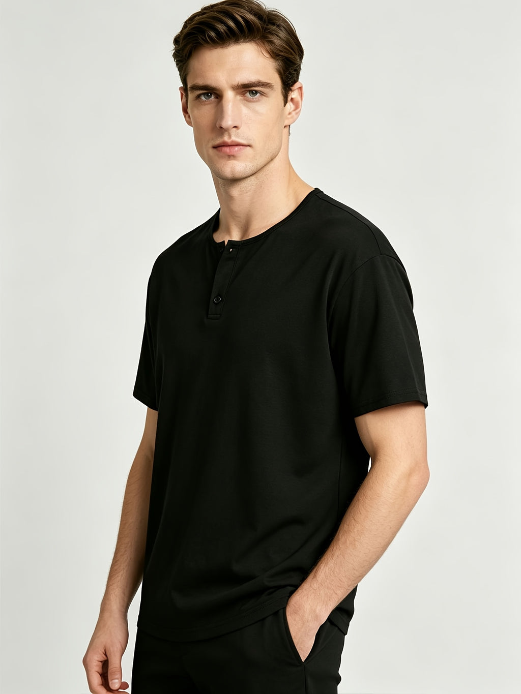 Short Sleeve T-Shirt Henley Collar Half-Open Round Neck Summer New Round Neck Solid Color Men'S Thin Top Athletic Short Sleeve Men'S Loose Plus Size Fitness Slim T-Shirt Henley Button-Up Collar Base Layer Training Trendy - Black
