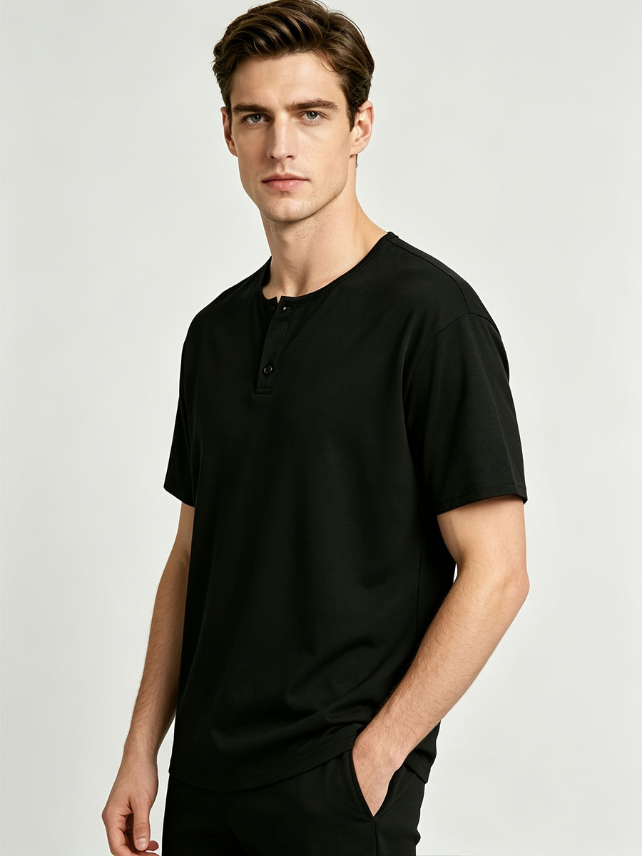 Short Sleeve T-Shirt Henley Collar Half-Open Round Neck Summer New Round Neck Solid Color Men'S Thin Top Athletic Short Sleeve Men'S Loose Plus Size Fitness Slim T-Shirt Henley Button-Up Collar Base Layer Training Trendy - Black