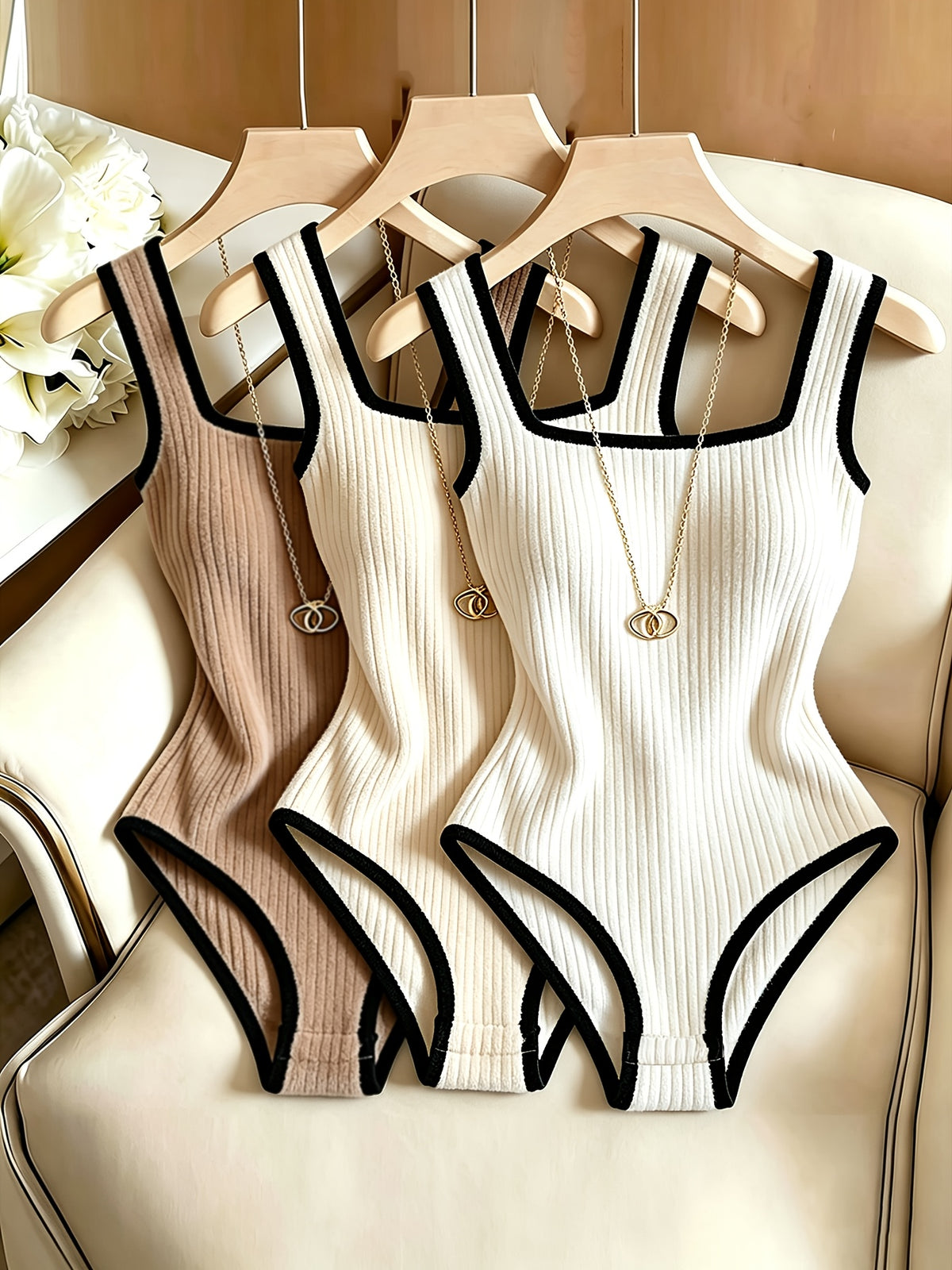 3pcs Women'S Ribbed Bodysuit Set, Fashionable Black Piped Square Neck Waist-Cinching Style, Summer Night Out Wear, Elegant Beach Vacation Casual Outfit - Coffee + apricot + white