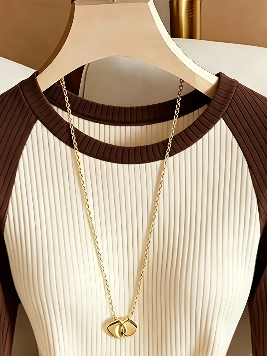 Women's Bodysuit Top, Color-Block Ribbed Fabric, Elegant Style, Long Sleeve Base Layer ASD1 - Apricot + Coffee
