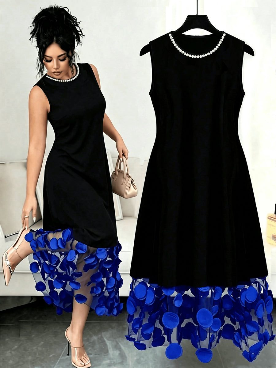 Fashion Solid Color Versatile Round Neck Elegant Women'S Dress, with 3D Patchwork Hem And Beaded Neckline, Summer New Style, Suitable for Elegant Daily Wear, Social Gatherings, Commuting, Outings, Vacations, And More - Royal Blue