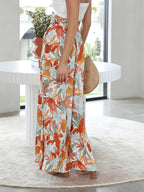 Women's Casual Elastic Waistband Printed Wide-Leg Pants - Orange-red flower