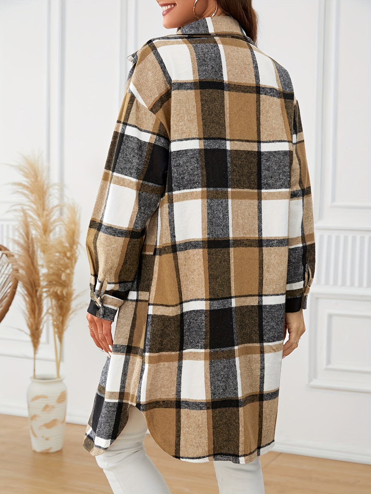 Plaid Button Front Trench Coat, Vintage Long Sleeve Outwear For Fall & Winter, Women's Clothing - Khaki