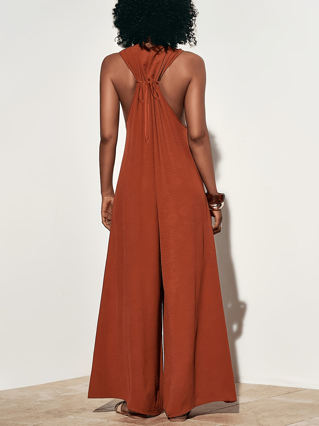 Women'S Elegant Orange-Red Round Neck Sleeveless Front-Middle Zipper Back Decor Rope Tie-Back Long Pants Spring Summer Women'S Wear Vacation Jumpsuit - Orange Red