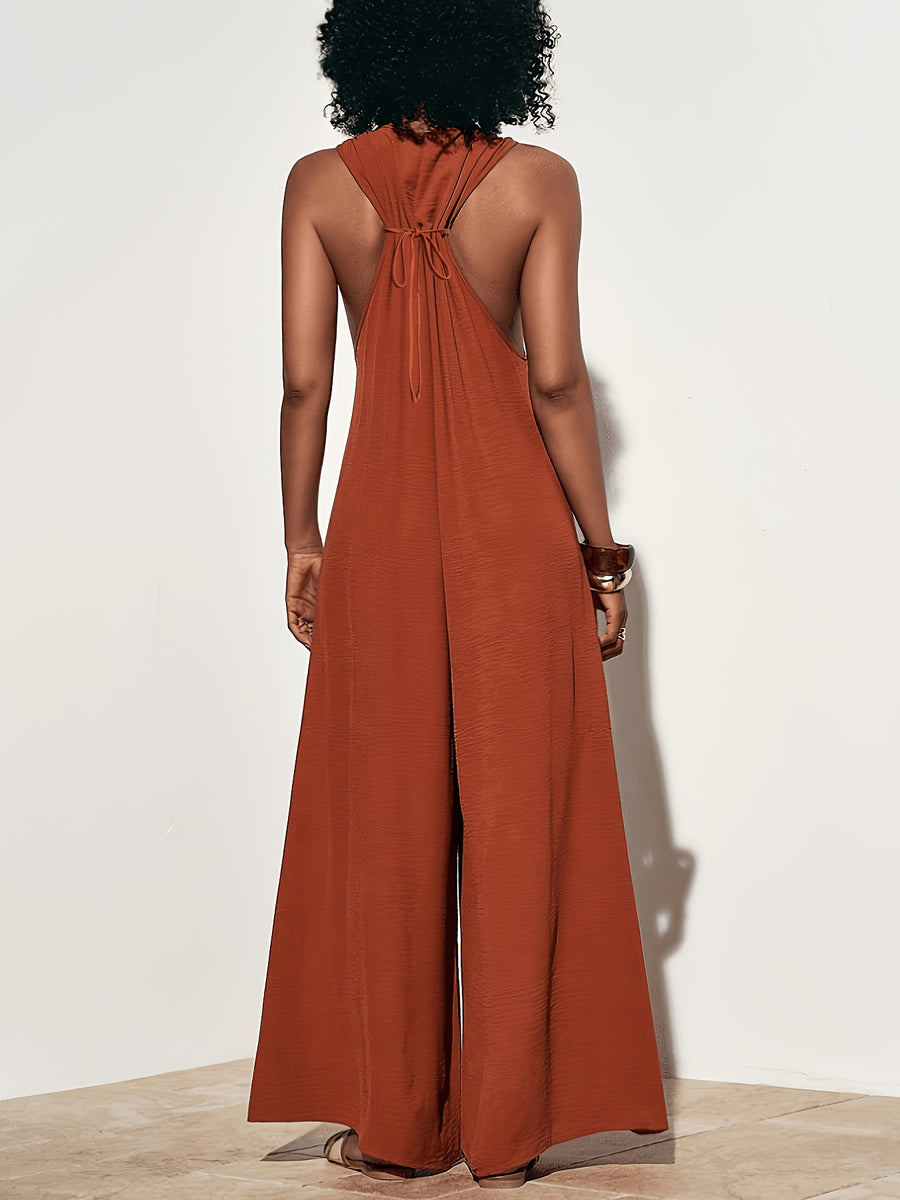 Women'S Elegant Orange-Red Round Neck Sleeveless Front-Middle Zipper Back Decor Rope Tie-Back Long Pants Spring Summer Women'S Wear Vacation Jumpsuit - Orange Red