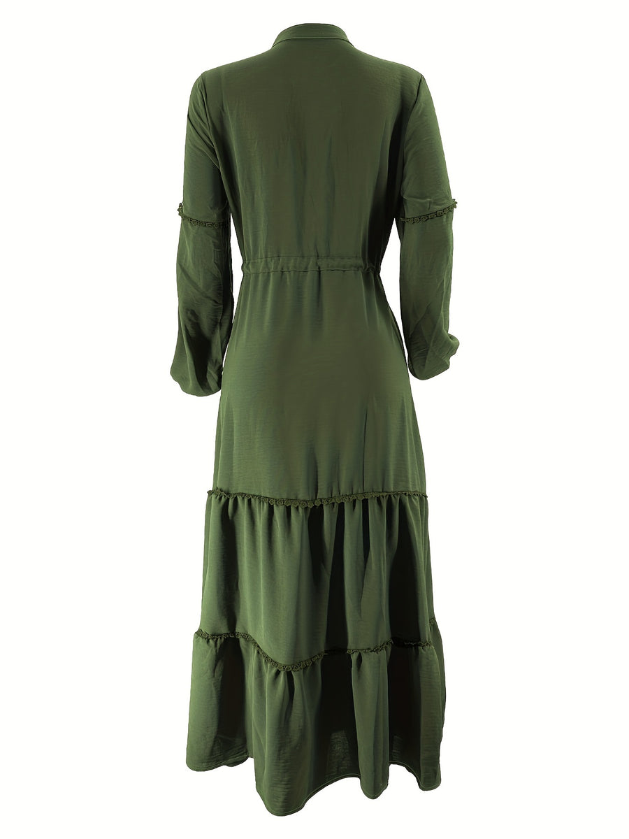 Middle Eastern Muslim Solid Color Long Women's Dress - Olive Green