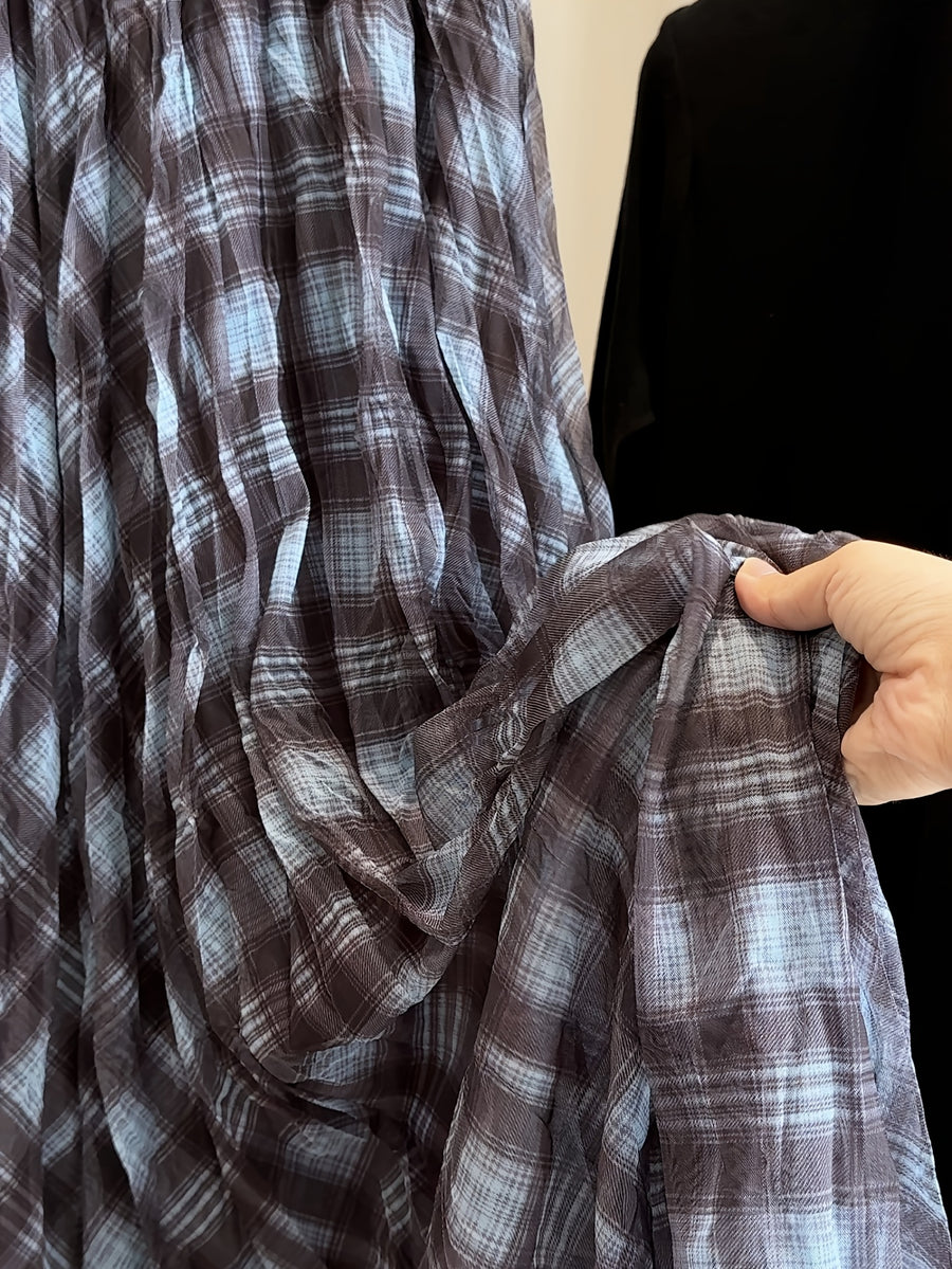 Vacation Style Coffee Brown Plaid Chiffon Pleated Half Skirt Spring Autumn High Waist Mid-Length A-Line Skirt Casual Commute Drapey Flared Skirt - Gray Blue
