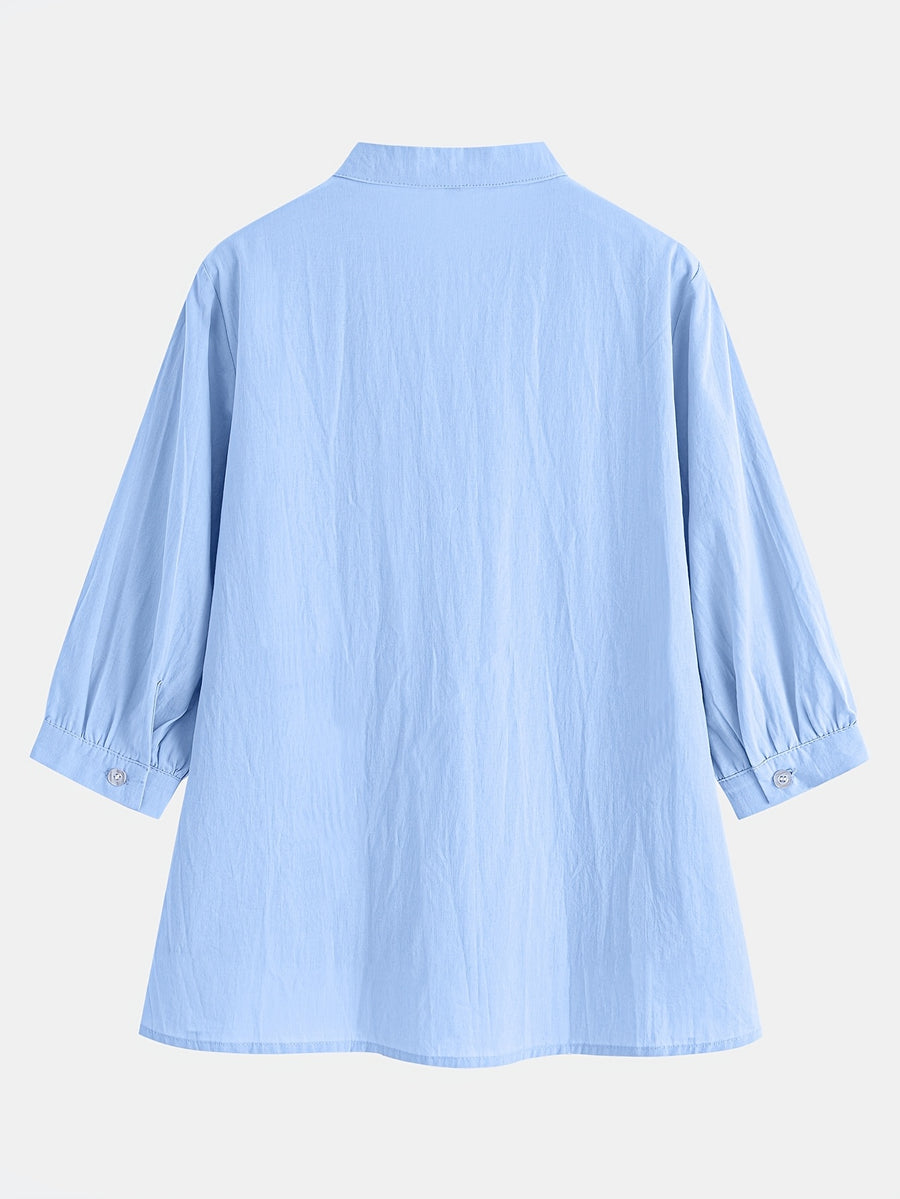 Loose-fitting Small Stand-up Collar Three-quarter Sleeve Pullover Top - Bright Steel Blue