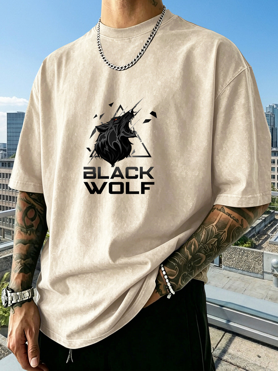 Men's Heavyweight Short-Sleeve Washed Distressed Fashion Print Vintage-Washed Worn Design Streetwear Trendy Distressed Design European and American High Street Style Summer Simple Versatile Gym Workout Sports Top Cotton Breathable - Apricot