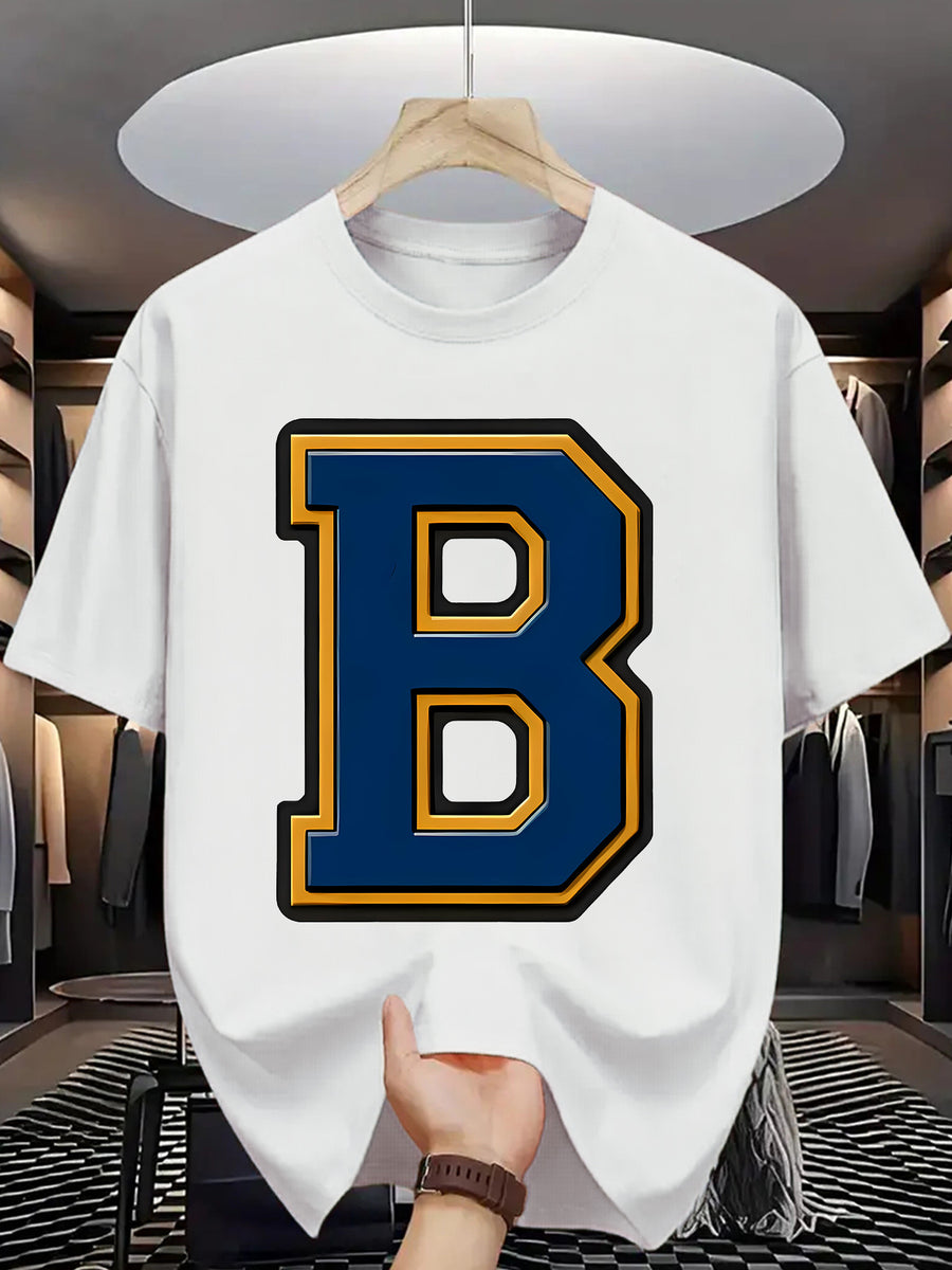 Men'S Summer Casual T-Shirt with Bold "B" Letter Print - Lightweight Polyester, Round Neck, Short Sleeve, Regular Fit, Perfect for Casual Attire, Everyday Tshirt | Trendy Casualwear | Durable Fabric - White