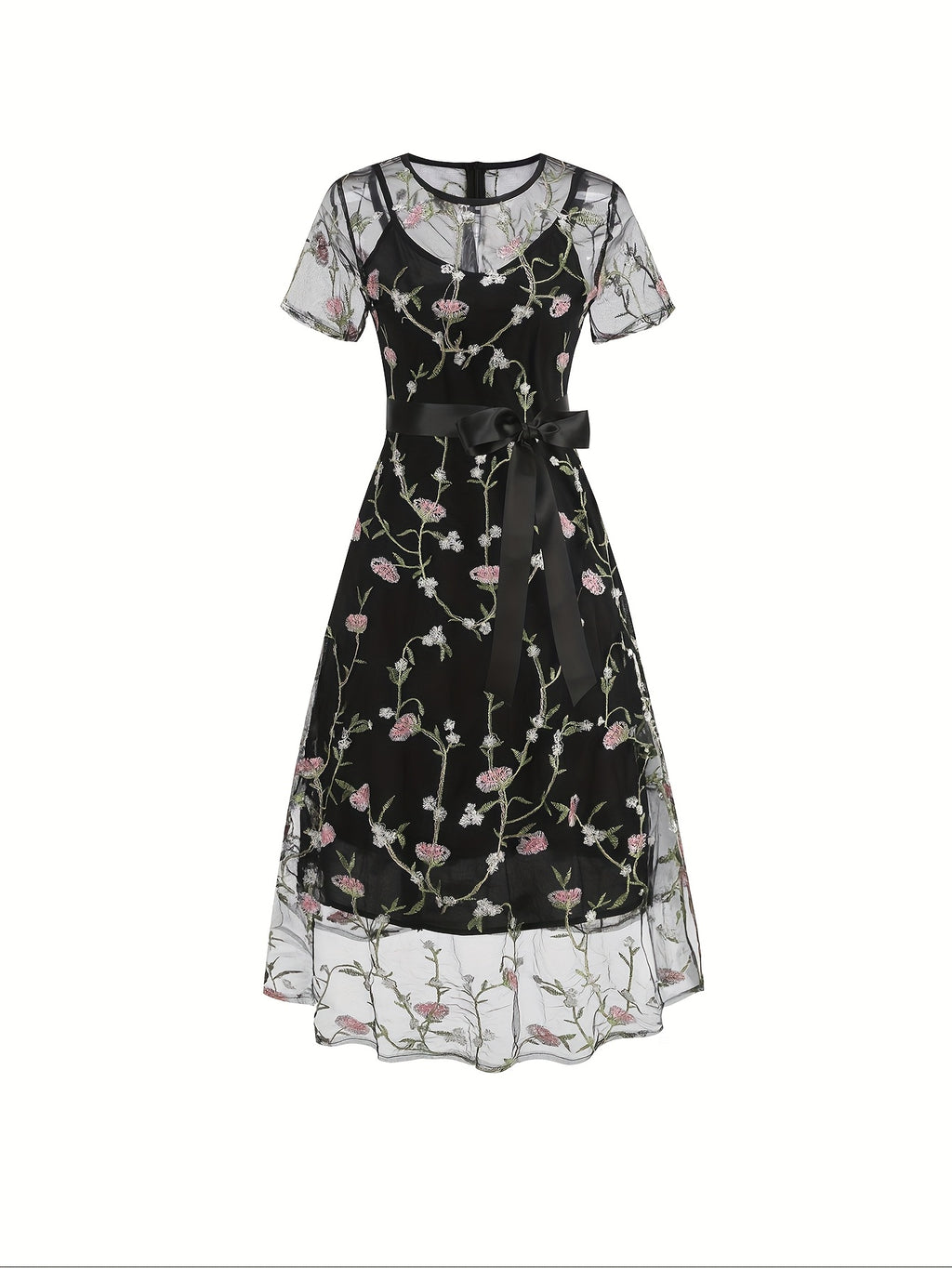 Ladies' Elegant Vintage Mesh Embroidered 50S Belt Vintage Commuter Suit Dress - Black