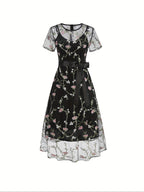 Ladies' Elegant Vintage Mesh Embroidered 50S Belt Vintage Commuter Suit Dress - Black