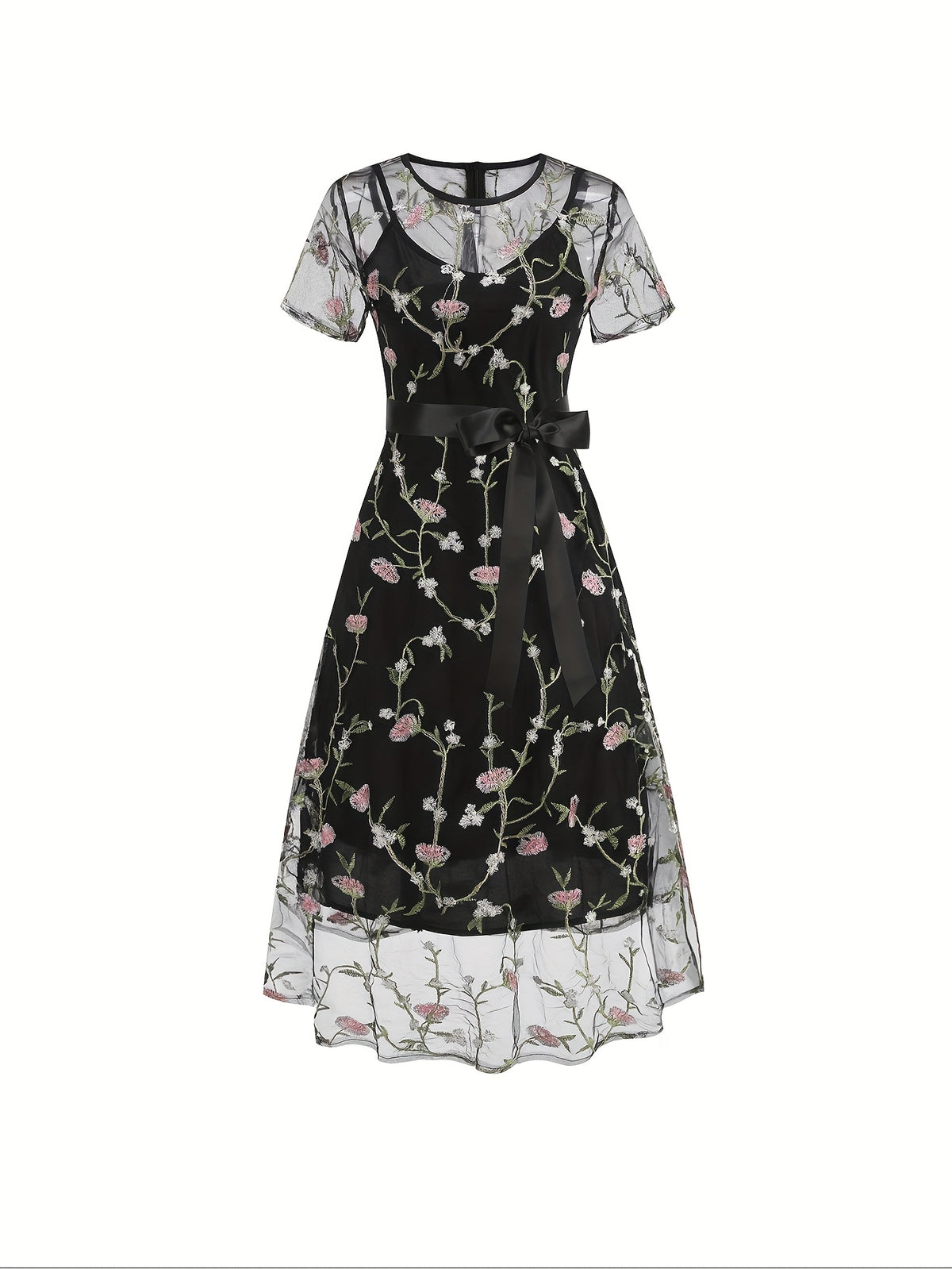 Ladies' Elegant Vintage Mesh Embroidered 50S Belt Vintage Commuter Suit Dress - Black