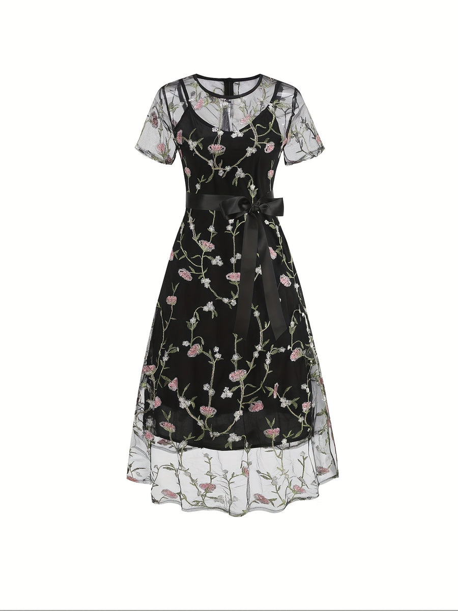 Ladies' Elegant Vintage Mesh Embroidered 50S Belt Vintage Commuter Suit Dress - Black