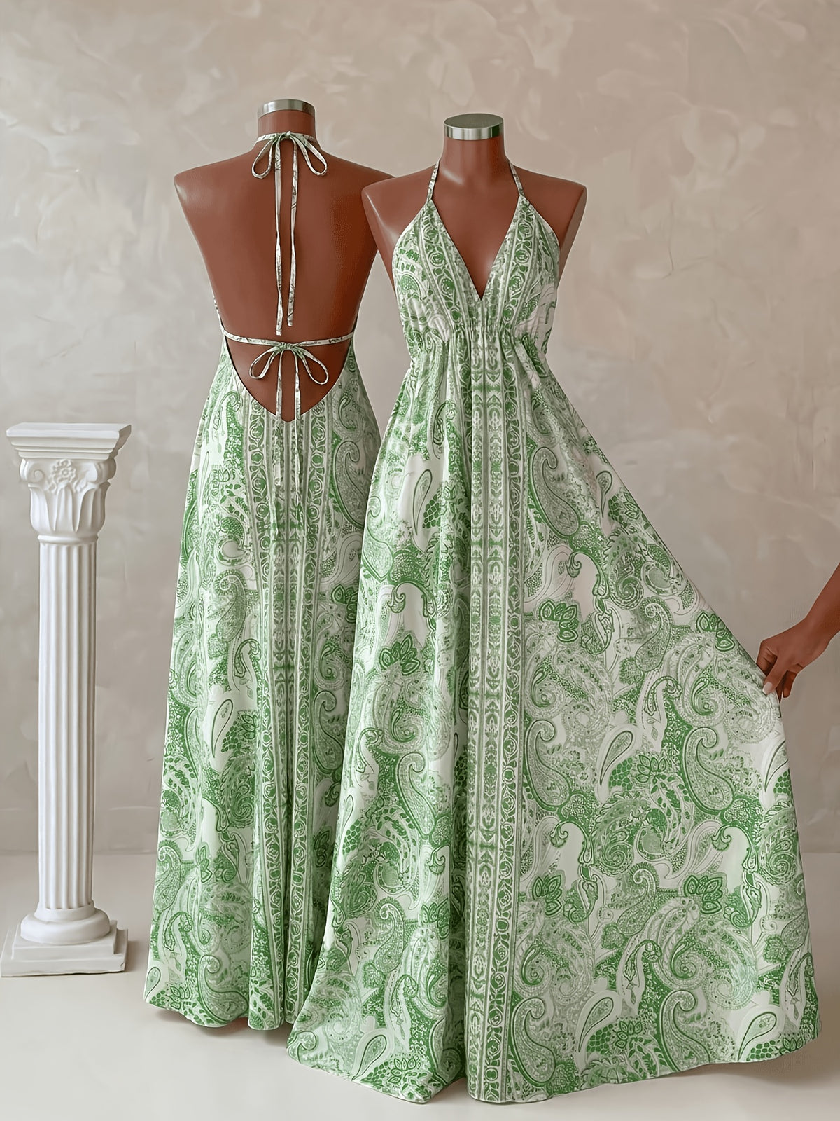 Women'S Summer Vacation Style Printed Backless Drawstring Dress, Perfect for Parties, Birthdays, And Dates - Green