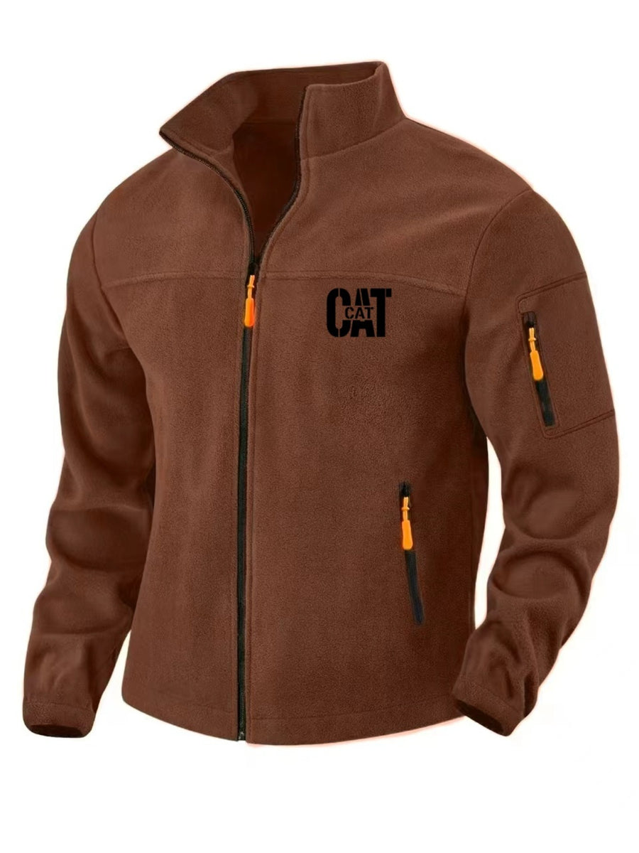 Men'S Autumn Winter New Fleece Lined Stand Collar Zipper Jacket, CAT Letter Print Long Sleeve Jacket, Multi-Pocket Design Casual Commute Trendy Top - Rust