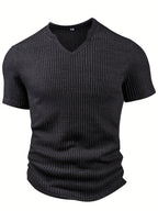 Men'S Fashion Top for Spring And Summer, Outdoor Casual Textured Ribbed Fabric, V-Neck Short-Sleeve Henley Shirt - Black
