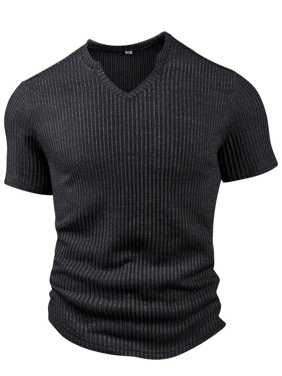 Men'S Fashion Top for Spring And Summer, Outdoor Casual Textured Ribbed Fabric, V-Neck Short-Sleeve Henley Shirt - Black