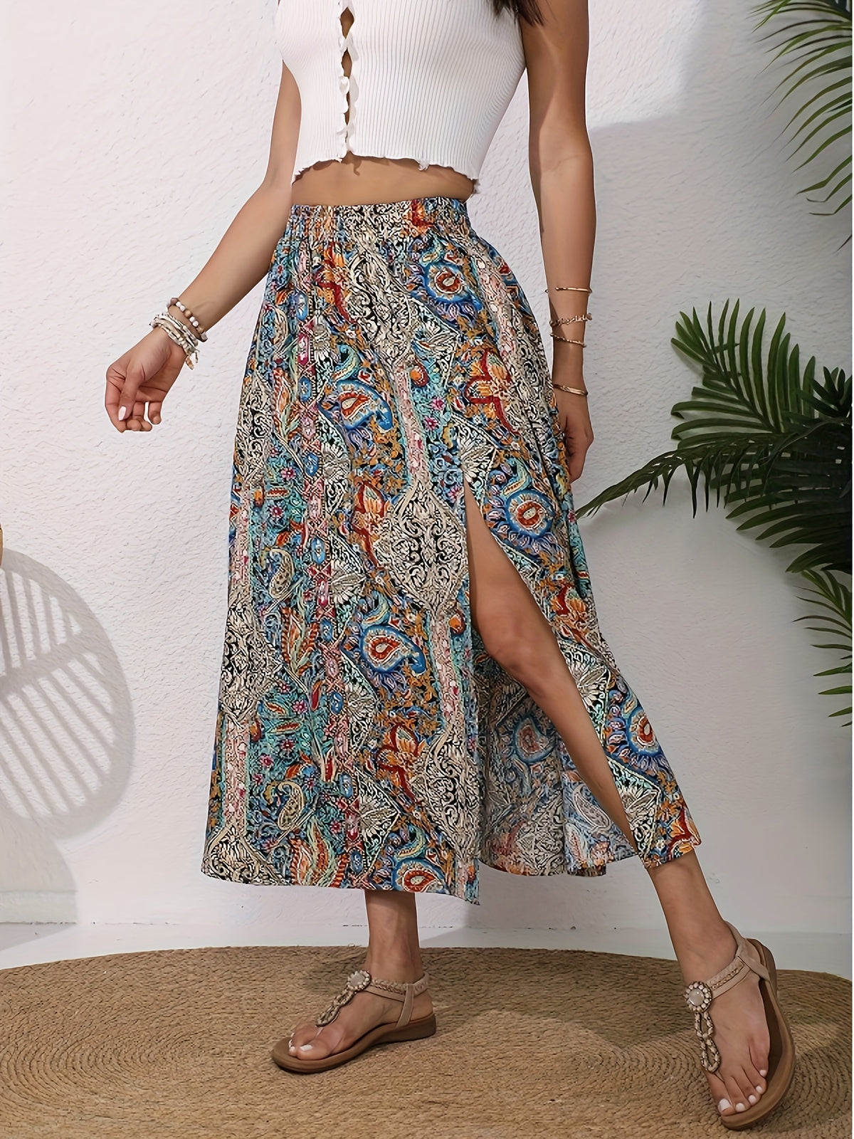 Women's Floral Elastic Waist Slit Skirt - Multicolor