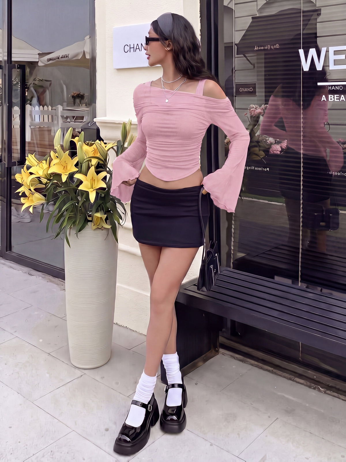Slanted Collar Ruffled Flared Sleeve Fitted T-Shirt Off-Shoulder Top Mesh Sheer Off-Shoulder Top Summer & Autumn - Pink