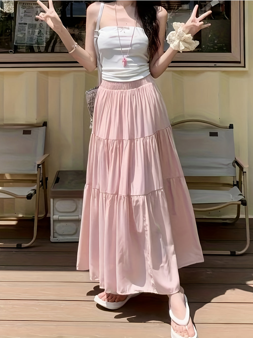 High-Waisted Skirt Elegant Casual A-Line Layered Skirt Spring And Summer Women'S Clothing Sweet Pink Long Pleated Cake Skirt - Pale Pinkish Gray