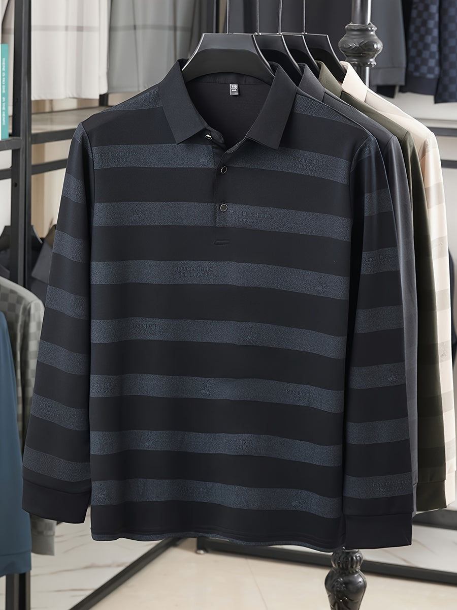 Multi-Color Striped Polo Shirt for Men, Micro-Velvet Long Sleeve Polo, Button-Up Collar 3-Button Pullover Top, Smooth Soft Skin-Friendly Fabric, Business Commute Travel Top, Fishing Home Daily Loose Casual Men'S Clothing - Navy Color